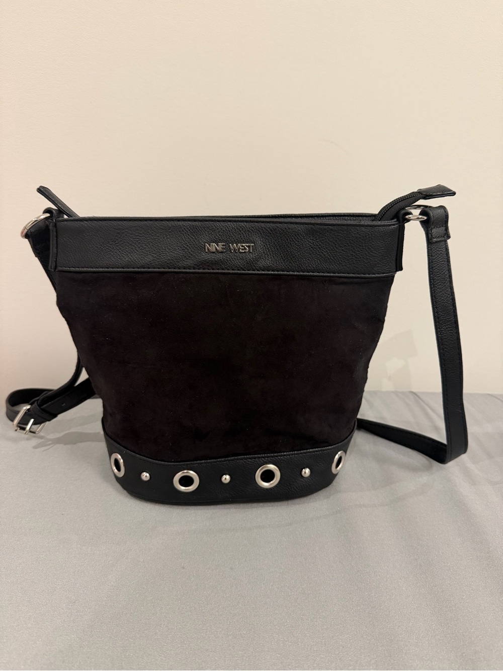 Nine West Black Suede and Leather Grommet Crossbody